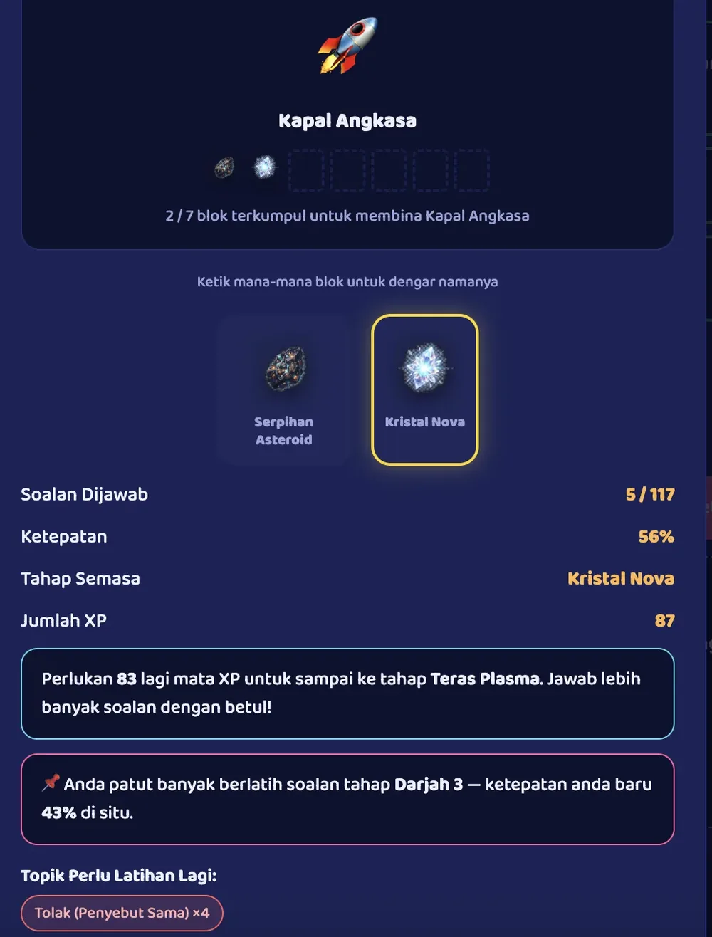 Skrin keputusan dengan bintang, markah dan statistik sebenar