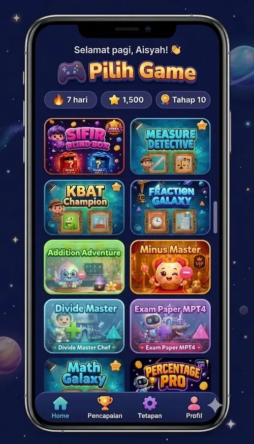Pratonton skrin Pilih Game — 10 game GeniusGen Math Venture dengan cover sebenar setiap game